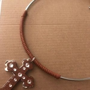 Brown leather silver tone collar choker